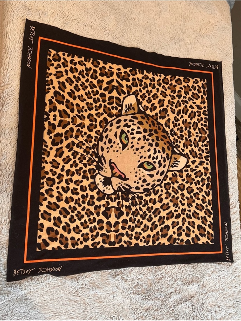 Betsey Johnson Leopard Face Scarf in Black, Tan & Orange